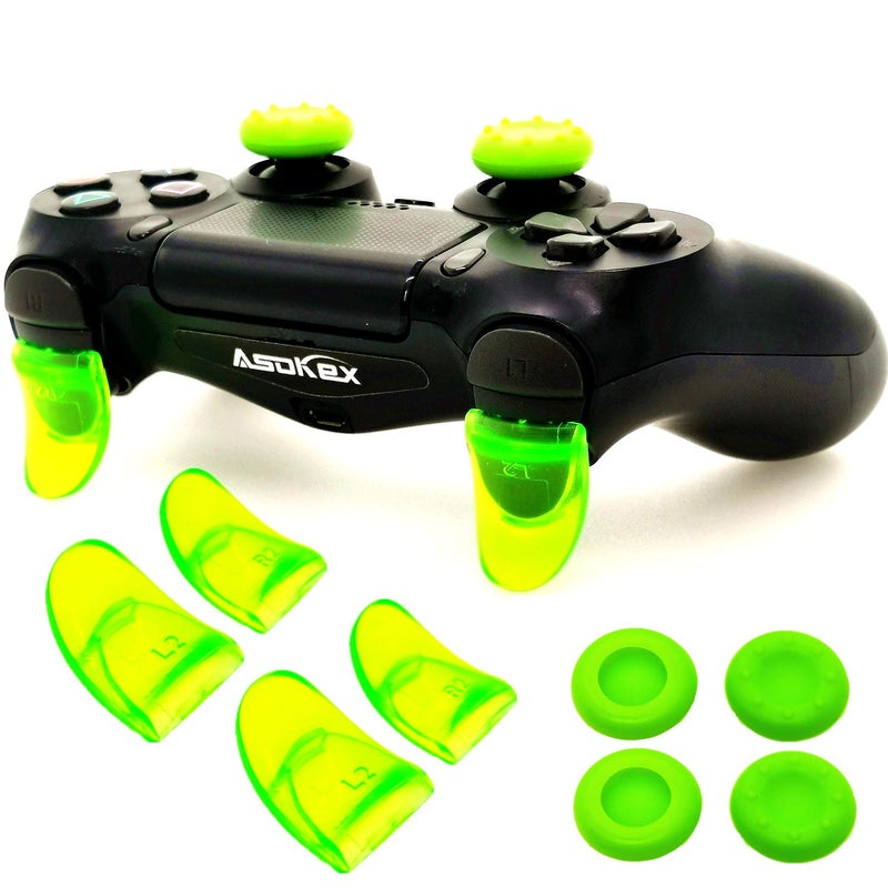 Asokex L2 R2 Ps4 Trigger Extenders (2 Pairs L2 R2 Triggers, 4pcs Joystick Cap, 2 Pairs LED Light Bar Decal) for Ps4 Controller(Green) - Image 1